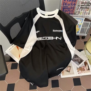 夏季运动短袖拼色设计感青少年t恤男女重磅宽松美式休闲半袖图片