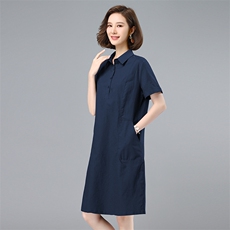 棉麻连衣裙女2025夏季新款中年妈妈气质休闲短袖直筒裙衬衫领裙子，女装连衣裙，韩派