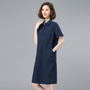 棉麻连衣裙女2025夏季新款中年妈妈气质休闲短袖直筒裙衬衫领裙子图片