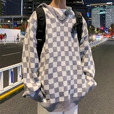 2022港风文艺撞色毛衣男春秋宽松潮流格子针织衫复古百搭上衣，男装针织衫/毛衣，星座716-4