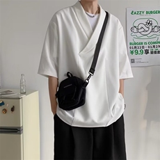 T02-P32夏季V领垂坠感短袖衬衫男潮牌慵懒风高级感港风宽松，男装T恤，电商B323A