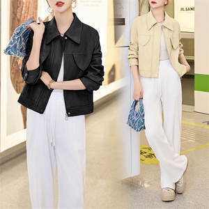 BAO欧货翻领PU皮衣外套女2025新款春秋短款超好看机车服水洗夹克
