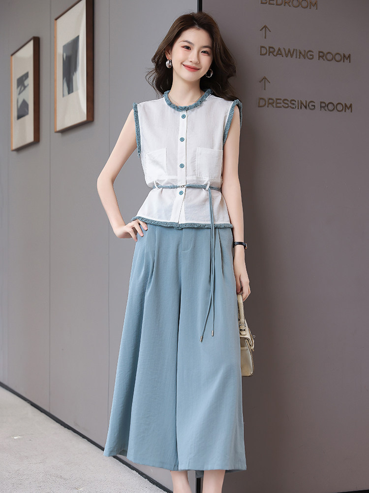休闲时尚套装女2025夏季新款职业装气质收腰无袖上衣阔腿裤两件套,女装套装/套裙,时尚俏佳人