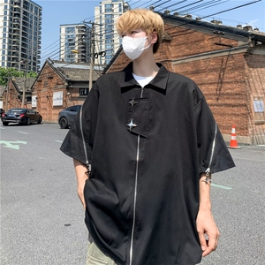 美式高街痞帅衬衫男短袖宽松拉链设计感上衣夏季潮流休闲半袖衬衣图片