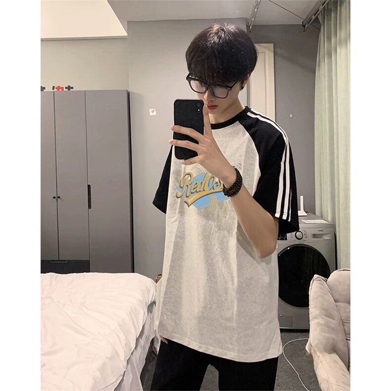 抖音得物品质二开240克宽松纯棉美式潮牌插肩三杠织带短袖T恤图片