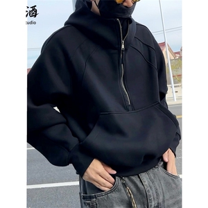 连帽卫衣男潮牌ins纯色上衣服春秋冬季帽衫情侣宽松纯黑外套图片