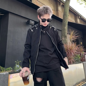 秋新款痞帅男士飞机扣金属垫肩西装暗黑胸棉拉链夹克JK117-P75图片