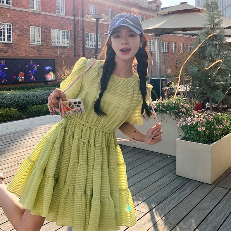 设计感原创小清新雪纺纹连衣裙夏2023新款韩版女装宽松灯笼袖裙子，女装连衣裙，帛香坊