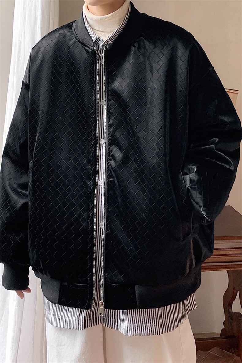2023冬季新款男士潮牌格子PU皮棒球服棉衣黑色外套MYTC192P115,男装棉衣,电商B220