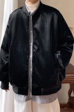 2023冬季新款男士潮牌格子PU皮棒球服棉衣黑色外套MYTC192P115，男装棉衣，电商B220