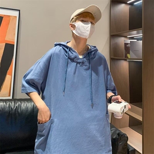 港风潮牌ins五分袖短袖t恤男连帽休闲宽松半袖学生嘻哈潮流上衣服图片