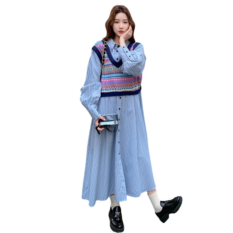 蓝色条纹连衣裙套装女2025春秋季新款温柔风马甲显瘦衬衫裙两件套,女装套装/套裙,2C198