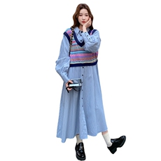蓝色条纹连衣裙套装女2025春秋季新款温柔风马甲显瘦衬衫裙两件套，女装套装/套裙，2C198