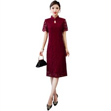 2024春夏季新款设计简约时尚喜庆中长款蕾丝婚礼旗袍连衣裙，女装汉服/婚纱/旗袍/礼服，小荷流