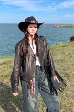 酷飒风咖色皮衣外套女春秋2025新款小个子高级感短款机车夹克爆款，女装皮衣，2C022
