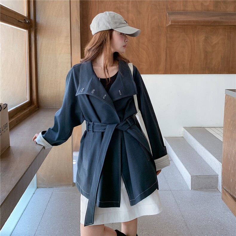 藏青色收腰工装风衣外套女春秋2025新款独特超好看休闲夹克大衣,女装风衣,1D103