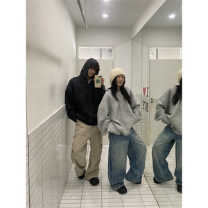 美式连帽针织衫外套男秋季潮牌花灰色情侣毛衣高街慵懒风百搭上衣图片