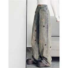 腊肠狗刺绣牛仔裤男美式高街vibe裤子直筒牛仔裤1001-1-GN630-P45，男装牛仔裤，星座1001-1