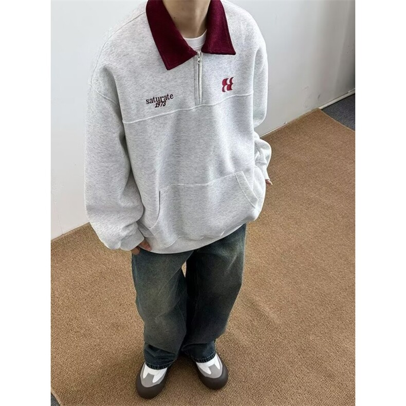 半拉链polo领冬季加绒卫衣男高级感休闲百搭情侣上衣 WX3242图片