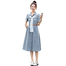 牛仔连衣裙2025夏季新款独特漂亮绝美韩系减龄收腰显瘦蕾丝衬衫裙，女装牛仔裙，乐吉娜