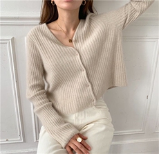 V领百搭加厚纯毛竖条开衫慵懒风纯色针织外套，女装羊毛衫，欣美羊绒