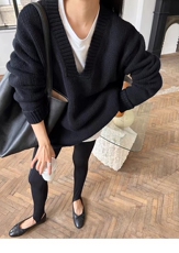 高端软糯廓形V领衫女打底羊毛针织衫慵懒宽松加厚毛衣，女装羊毛衫，恒恩羊绒
