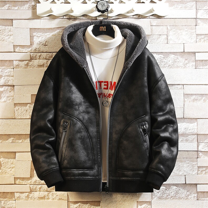 皮毛一体秋冬季羊羔绒连帽外套两面穿加厚机车皮夹克8910p235，男装夹克，电商A203-1