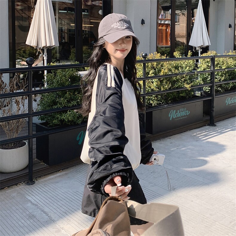 时尚撞色宽松短款长袖卫衣休闲百搭显瘦女装外套,女装短外套,秀美人生