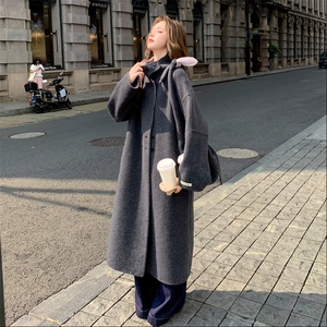深灰色韩系茧型羊绒双面呢子大衣女冬季新款长款过膝气质毛呢外套图片