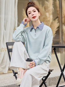 夏女装官网新款2025春季韩系假两件拼接格子翻领外套女式卫衣图片