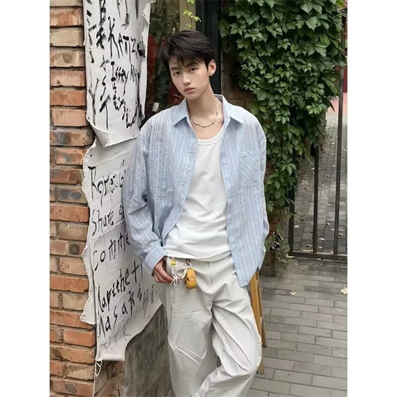 竖条纹长袖衬衫男日系复古春季新款宽松廓形休闲衬衣外套CY18,男装衬衫,星座516A