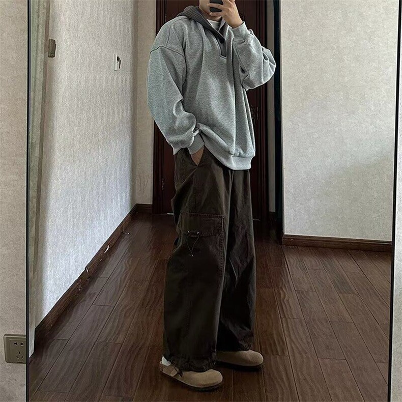 日系复古慵懒风V领连帽卫衣男秋冬季廓形宽松高级感休闲帽衫外套,男装卫衣,星座506A