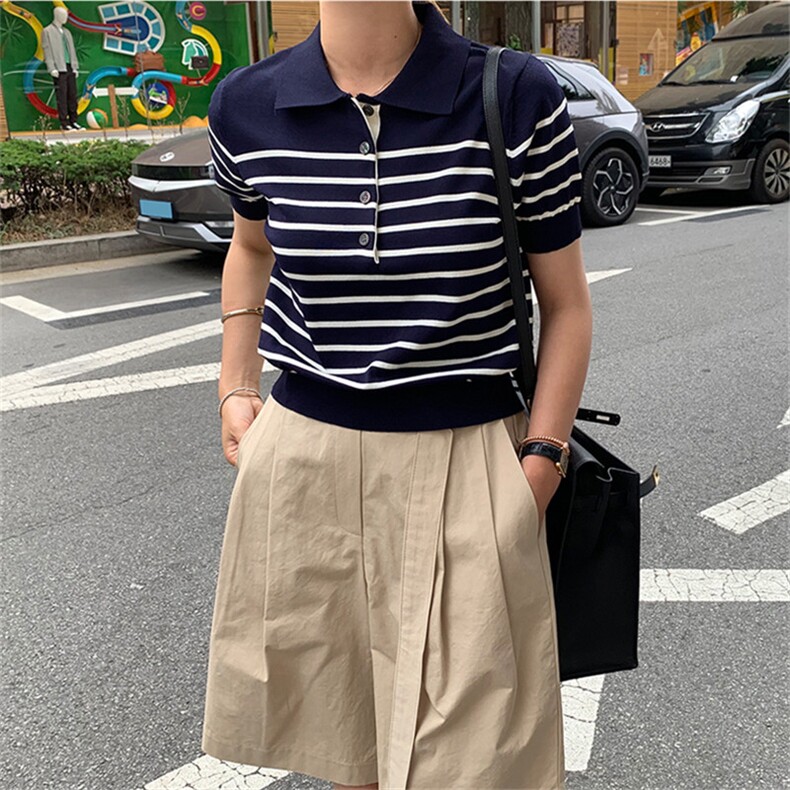 POLO领短袖套头时尚条纹拼接百搭2024年秋季针织衫，女装针织衫/毛衣，佳弈羊绒