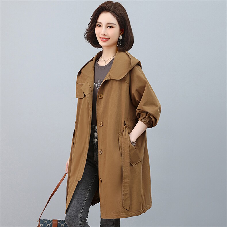 风衣女中长款2025春秋新款收腰显瘦中年妈妈大码宽松休闲大衣外套,女装风衣,江忆布依
