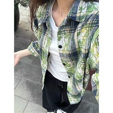 美式复古蓝色扎染格子衬衫男款秋季高级感慵懒风格纹衬衣长袖外套，男装衬衫，星座506A