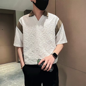 轻熟个性设计感短袖T恤男夏季痞帅修身翻领半截袖拼接撞色polo衫图片