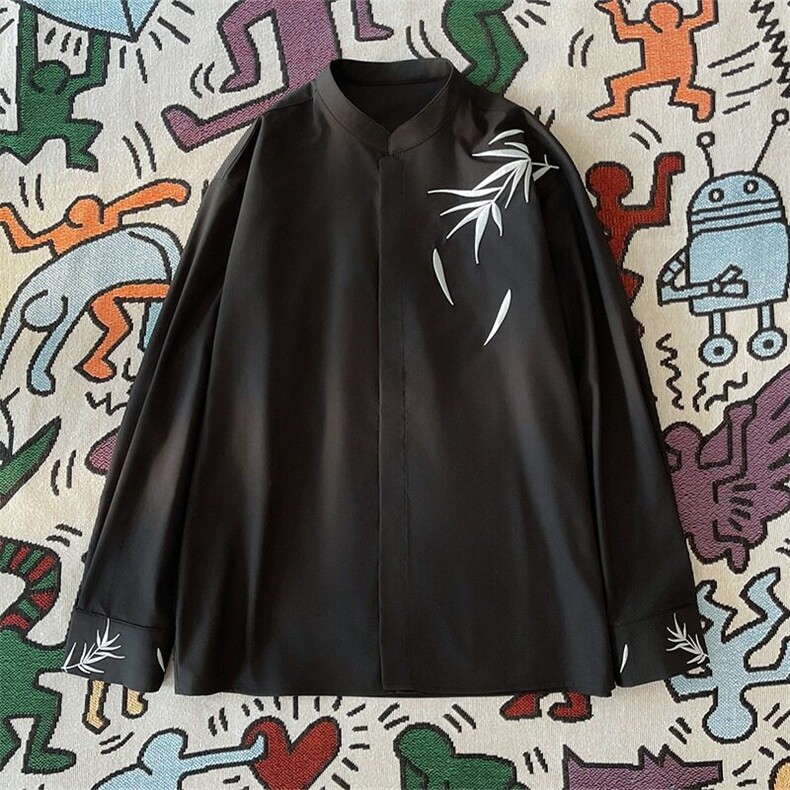 竹叶刺绣新中式唐装痞帅复古风长袖衬衫C151-P40，男装衬衫，星座1109-3