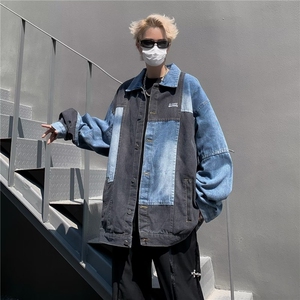 美式拼接牛仔衬衫男女秋季新款拼色潮牌宽松休闲夹克外套JK3328-1图片