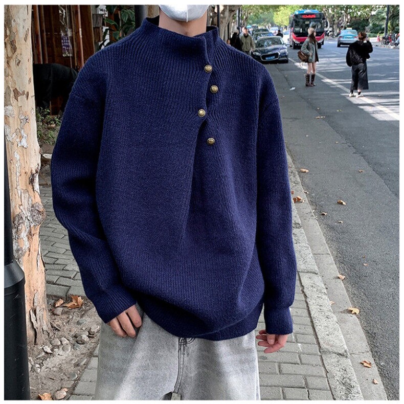 秋冬款男立领套头毛衣单排扣褶皱本命年红针织衫外套M6531P65,男装针织衫/毛衣,星座1013-1