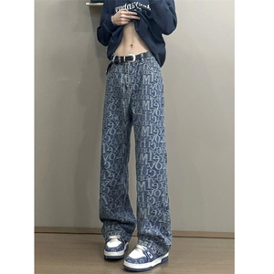 B221 美式ins高街暗黑宽松直筒提花牛仔裤LK24395-特P52控88图片