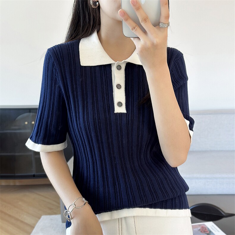 2025新款夏季时尚纯棉翻领纯棉针织短袖女POLO领显瘦气质百搭上衣,女装T恤,洁纯羊绒
