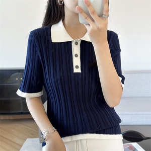 2025新款夏季时尚纯棉翻领纯棉针织短袖女POLO领显瘦气质百搭上衣