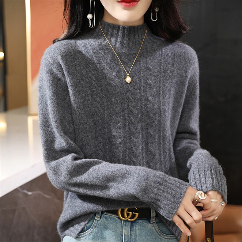 秋冬季纯澳毛七针加厚半高领女中间纽花羊毛衫,女装羊毛衫,君贝羊绒