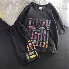 小吃牌大码宽松创意文字潮男休闲套装T100+DK1003P80控98，男装T恤，电商A089-1