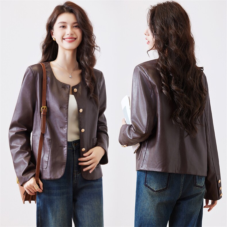 小香风皮衣外套女春秋2024新款小个子气质短款圆领机车皮夹克上衣，女装皮衣，江南女神