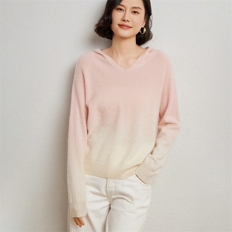时尚渐变色女士衫优雅V领加烫钻设计舒适保暖,女装羊绒衫,臻维羊绒