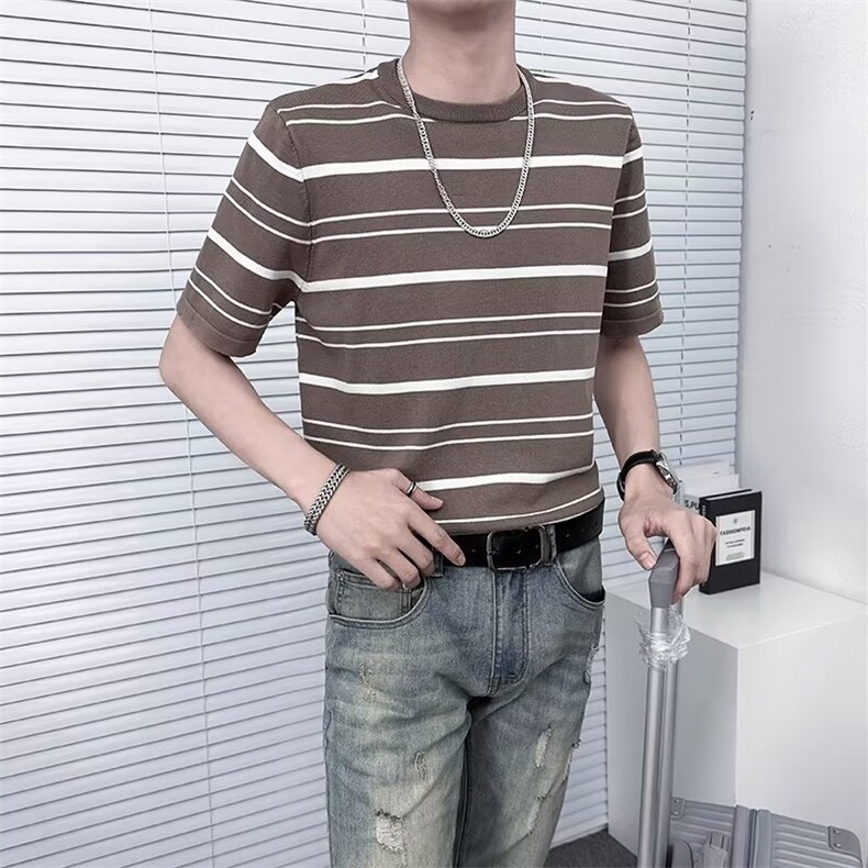 春夏季短袖针织衫男条纹痞帅洋气半袖打底衫男生轻熟风TM21,男装针织衫/毛衣,星座1116A-2（原606A-1）
