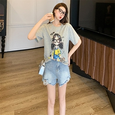 慵懒风休闲运动套装女夏新款百搭圆领短袖印花T恤牛仔短裤两件套，女装套装/套裙，2C310