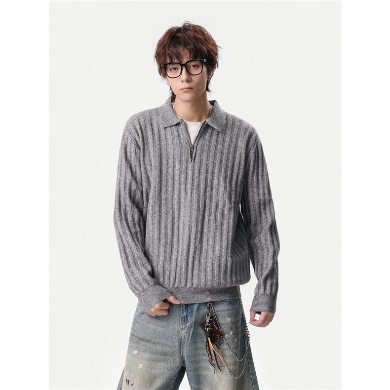 1303B-MY812-P5888老钱风半拉链针织polo衫男女翻领坑条毛衣,男装针织衫/毛衣,星座1303B