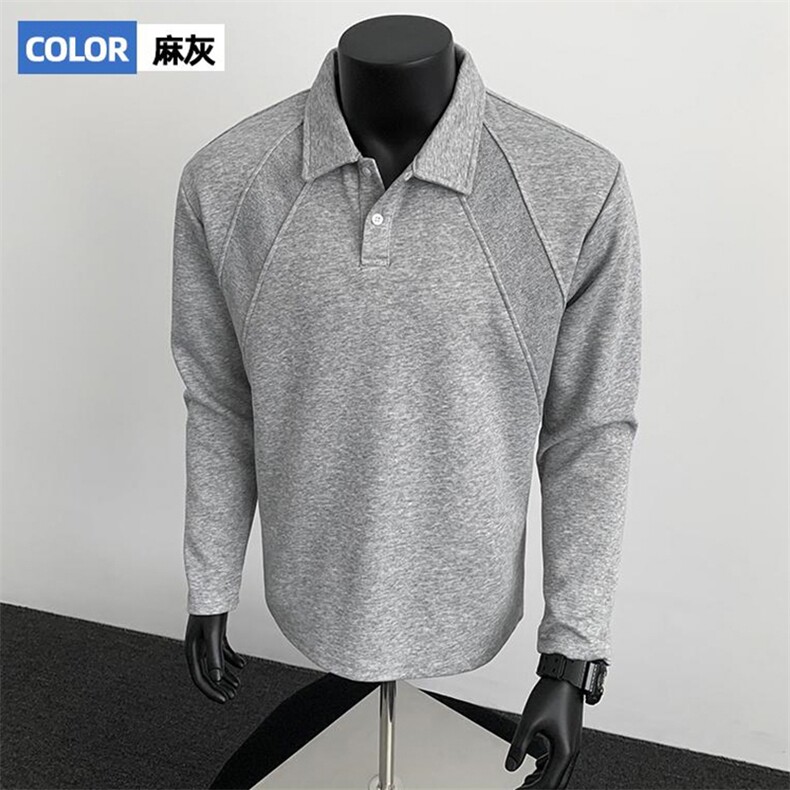 抖音得物高品质美式高街重磅曼巴棉结构螺纹拼接翻领卫衣长袖T恤,男装T恤,电商A486
